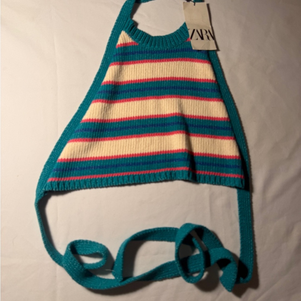 Zara Teal and Cream Striped Crop Top